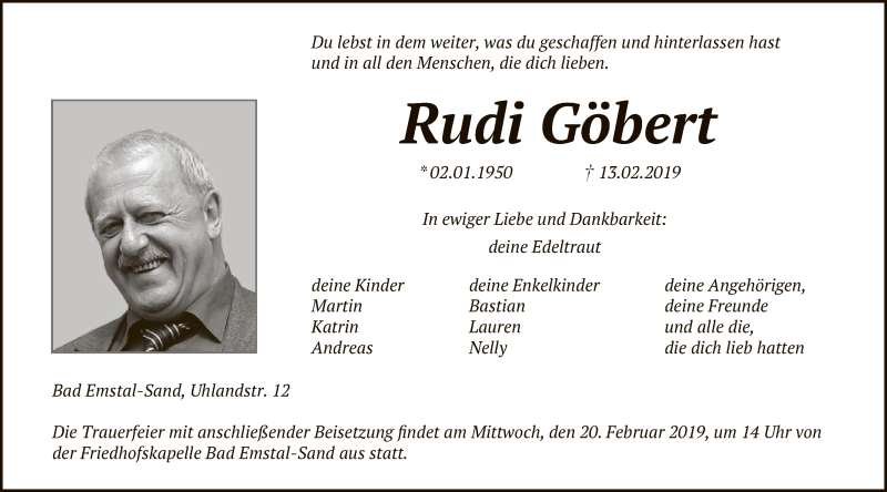  Traueranzeige für Rudi Göbert vom 16.02.2019 aus HNA