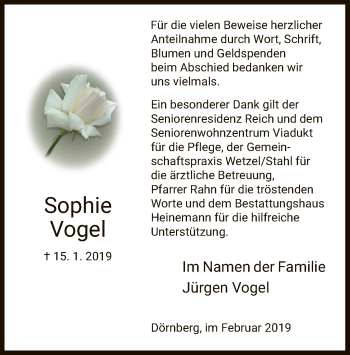 Traueranzeige von Sophie Vogel von HNA