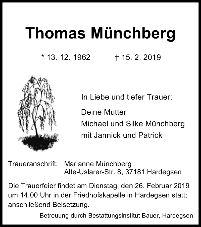  Traueranzeige für Thomas Münchberg vom 22.02.2019 aus HNA