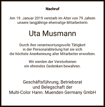 Traueranzeige von Uta Musmann von HNA