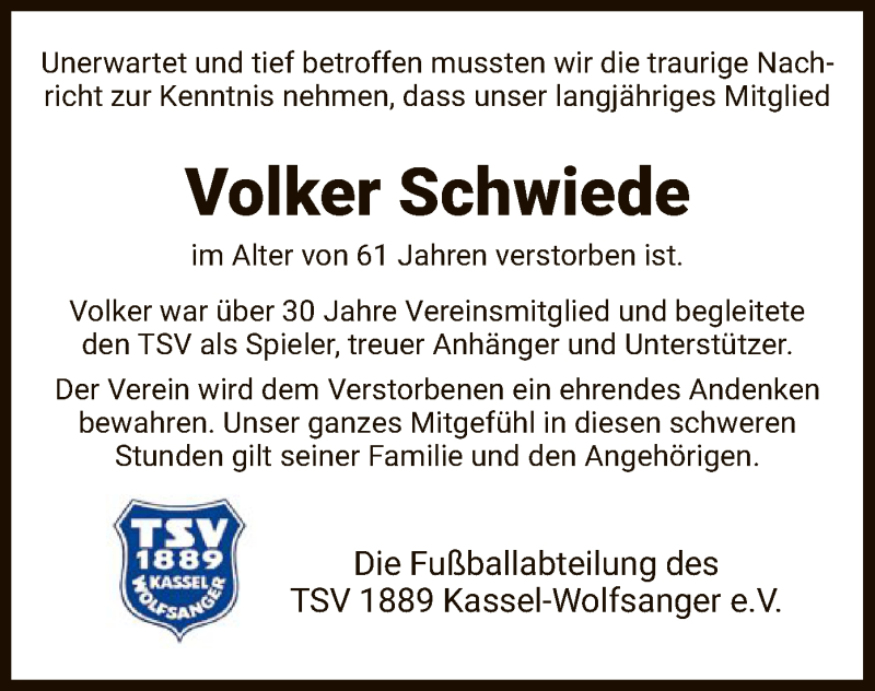  Traueranzeige für Volker Schwiede vom 23.02.2019 aus HNA