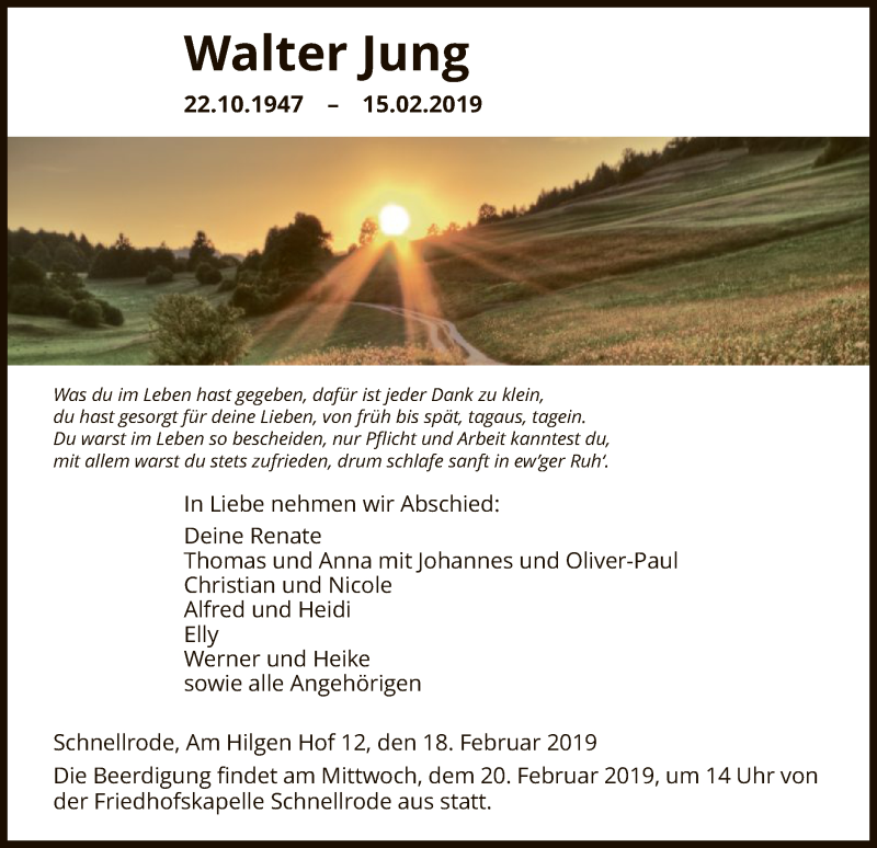  Traueranzeige für Walter Jung vom 18.02.2019 aus HNA