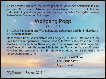 Traueranzeige von Wolfgang Popp von HNA