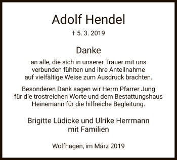 Traueranzeige von Adolf Hendel von HNA