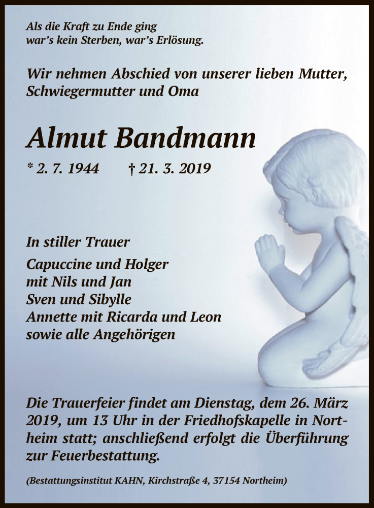  Traueranzeige für Almut Bandmann vom 23.03.2019 aus HNA