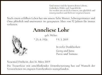 Traueranzeige von Anneliese Lohr von HNA