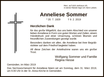 Traueranzeige von Anneliese Sommer von HNA