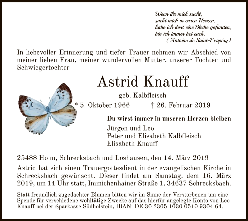  Traueranzeige für Astrid Knauff vom 14.03.2019 aus HNA