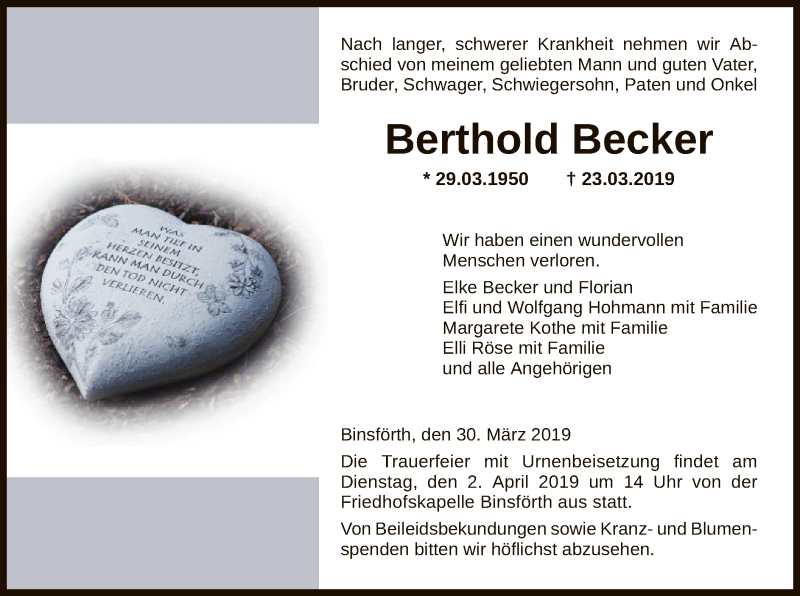  Traueranzeige für Berthold Becker vom 30.03.2019 aus HNA