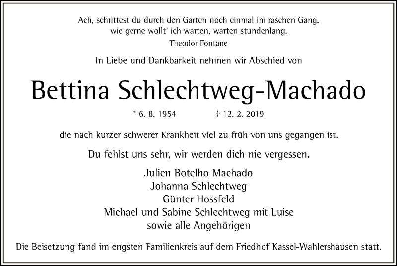  Traueranzeige für Bettina Schlechtweg-Machado vom 02.03.2019 aus HNA