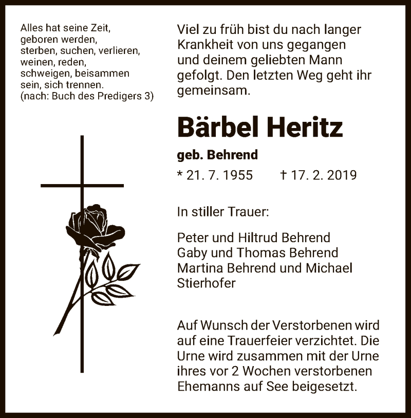  Traueranzeige für Bärbel Heritz vom 02.03.2019 aus HNA
