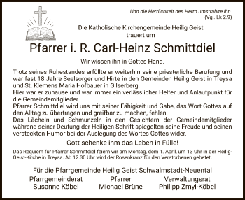 Traueranzeige von Carl-Heinz Schmittdiel von HNA