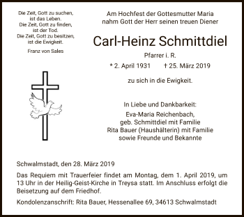 Traueranzeige von Carl-Heinz Schmittdiel von HNA