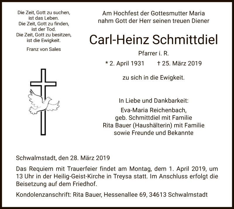  Traueranzeige für Carl-Heinz Schmittdiel vom 28.03.2019 aus HNA