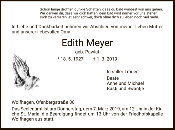 Traueranzeige von Edith Meyer von HNA