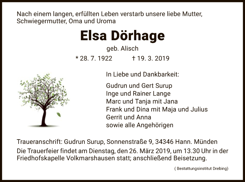  Traueranzeige für Elsa Dörhage vom 23.03.2019 aus HNA