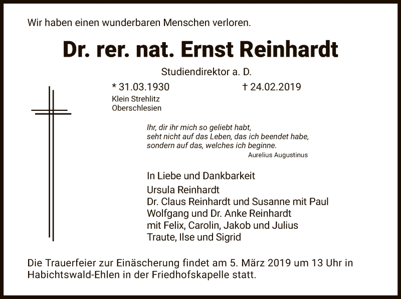 Traueranzeige für Ernst Reinhardt vom 02.03.2019 aus HNA