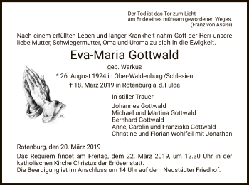 Traueranzeige von Eva-Maria Gottwald von HNA
