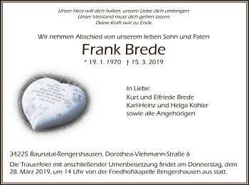Traueranzeige von Frank Brede von HNA