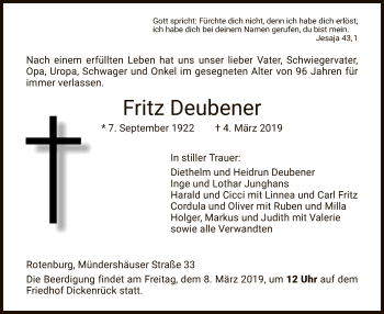 Traueranzeige von Fritz Deubener von HNA