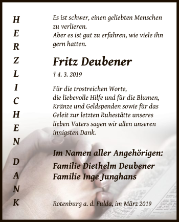 Traueranzeige von Fritz Deubener von HNA