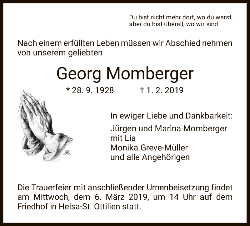  Traueranzeige für Georg Momberger vom 02.03.2019 aus HNA