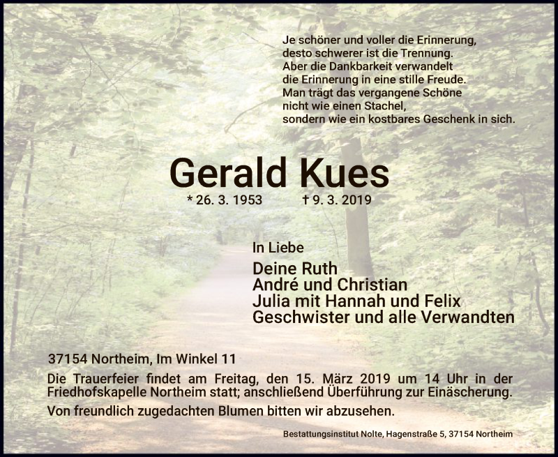  Traueranzeige für Gerald Kues vom 12.03.2019 aus HNA