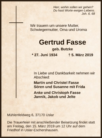 Traueranzeige von Gertrud Fasse von HNA