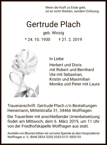 Traueranzeige von Gertrude Plach von HNA