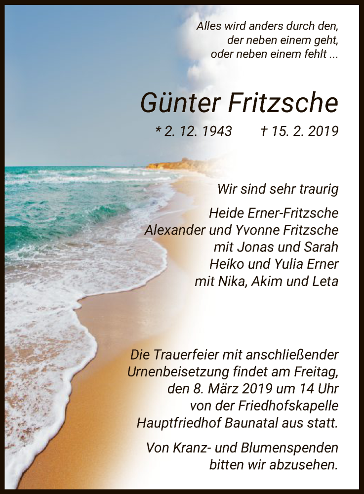  Traueranzeige für Günter Fritzsche vom 04.03.2019 aus HNA