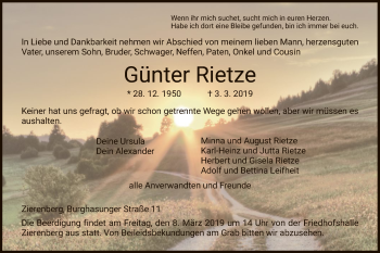 Traueranzeige von Günter Rietze von HNA