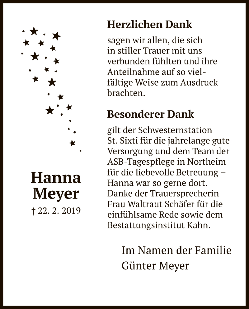  Traueranzeige für Hanna Meyer vom 23.03.2019 aus HNA
