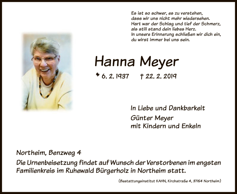  Traueranzeige für Hanna Meyer vom 09.03.2019 aus HNA