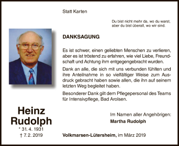 Traueranzeige von Heinz Rudolph von HNA