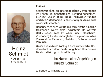 Traueranzeige von Heinz Schmidt von HNA