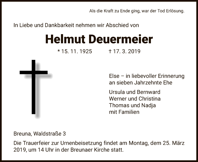  Traueranzeige für Helmut Deuermeier vom 23.03.2019 aus HNA