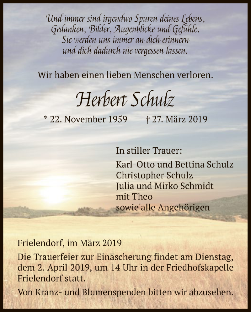  Traueranzeige für Herbert Schulz vom 30.03.2019 aus HNA