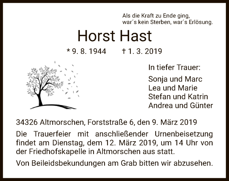  Traueranzeige für Horst Hast vom 09.03.2019 aus HNA