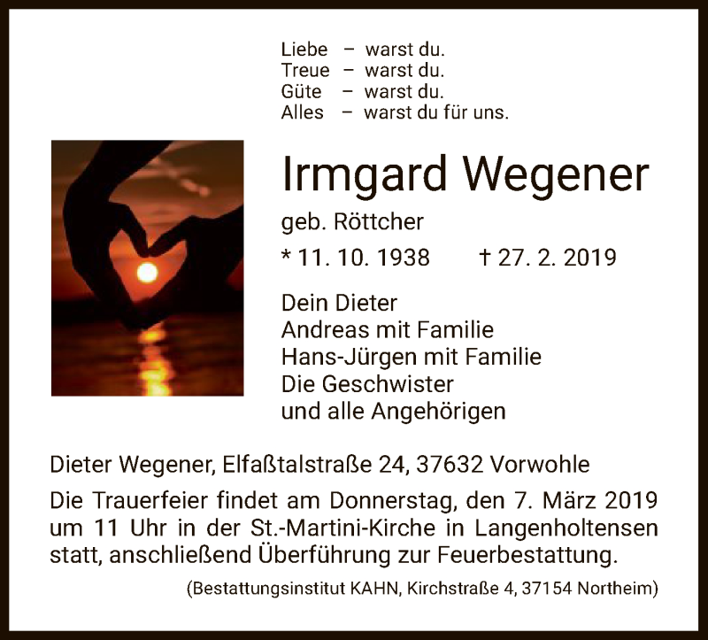  Traueranzeige für Irmgard Wegener vom 02.03.2019 aus HNA