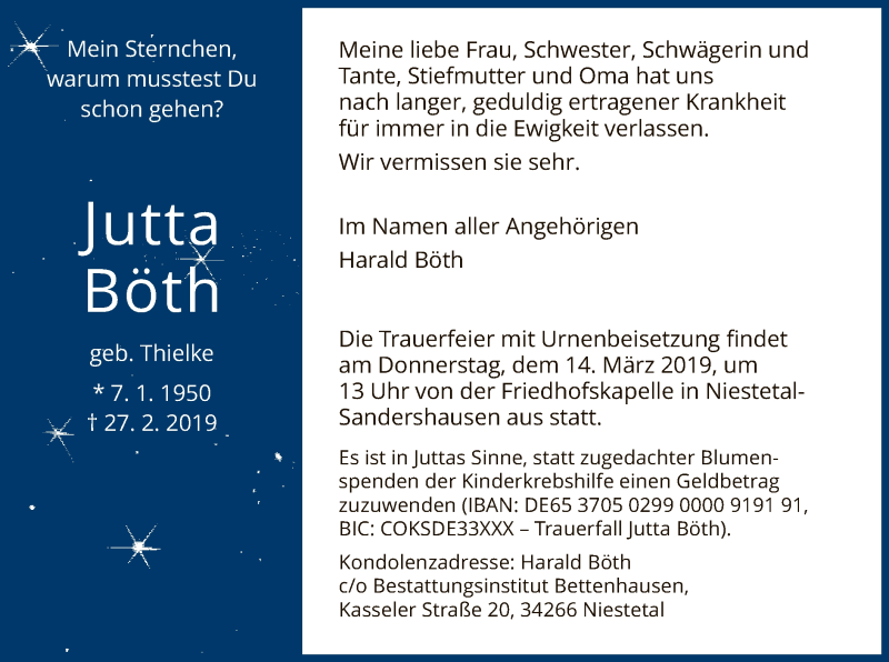  Traueranzeige für Jutta Böth vom 09.03.2019 aus HNA