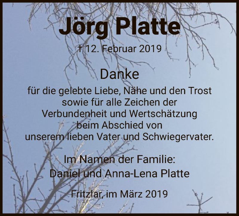  Traueranzeige für Jörg Platte vom 02.03.2019 aus HNA