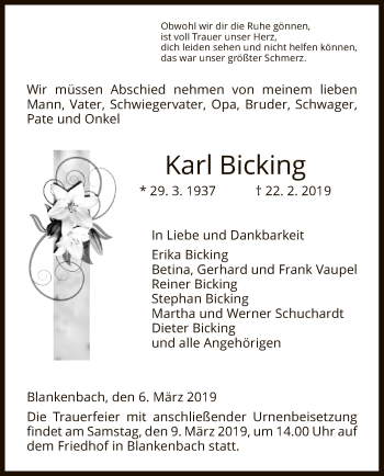 Traueranzeige von Karl Bicking von HNA