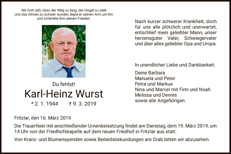  Traueranzeige für Karl-Heinz Wurst vom 16.03.2019 aus HNA