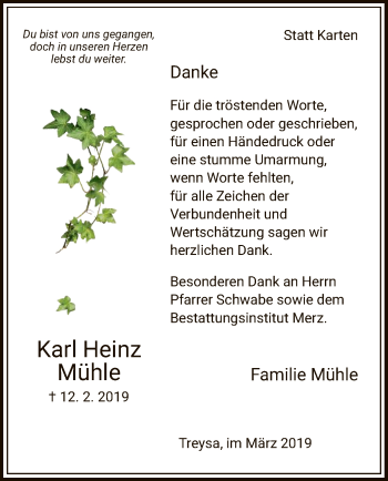Traueranzeige von Karl Heinz Mühle von HNA