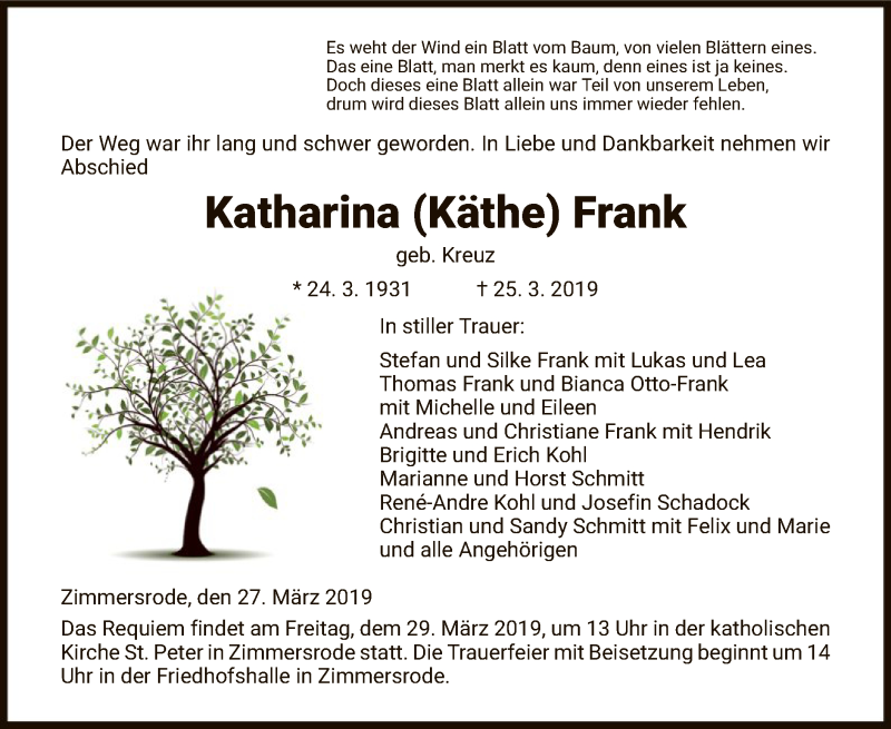  Traueranzeige für Katharina Frank vom 27.03.2019 aus HNA