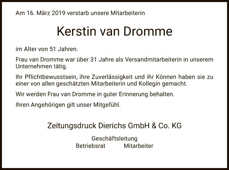  Traueranzeige für Kerstin van Dromme vom 29.03.2019 aus HNA