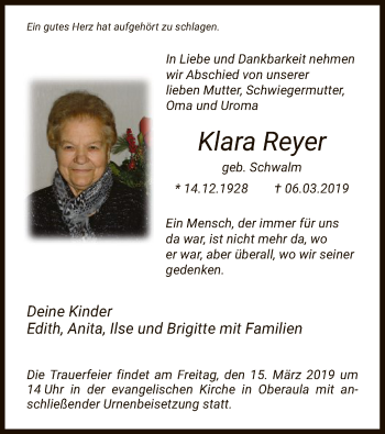 Traueranzeige von Klara Reyer von HNA