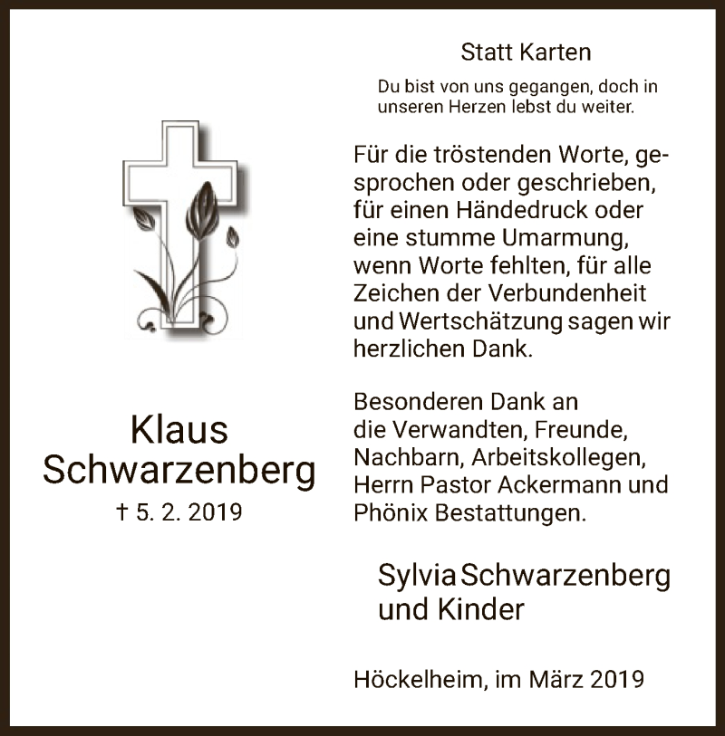  Traueranzeige für Klaus Schwarzenberg vom 02.03.2019 aus HNA