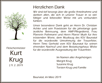 Traueranzeige von Kurt Krug von HNA