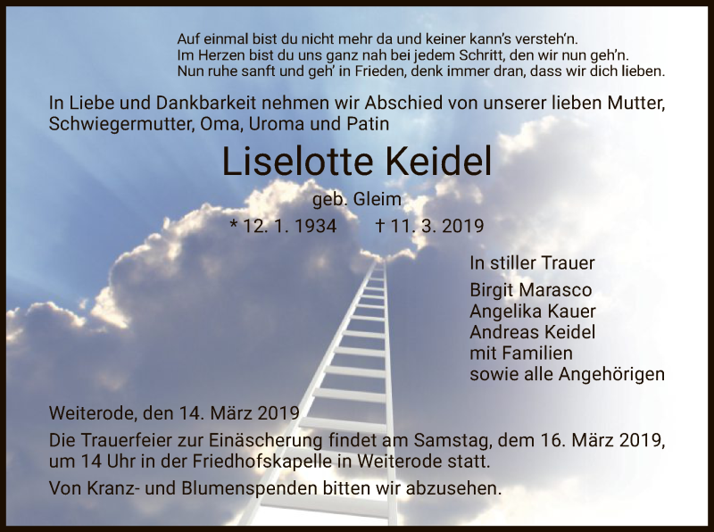  Traueranzeige für Liselotte Keidel vom 14.03.2019 aus HNA